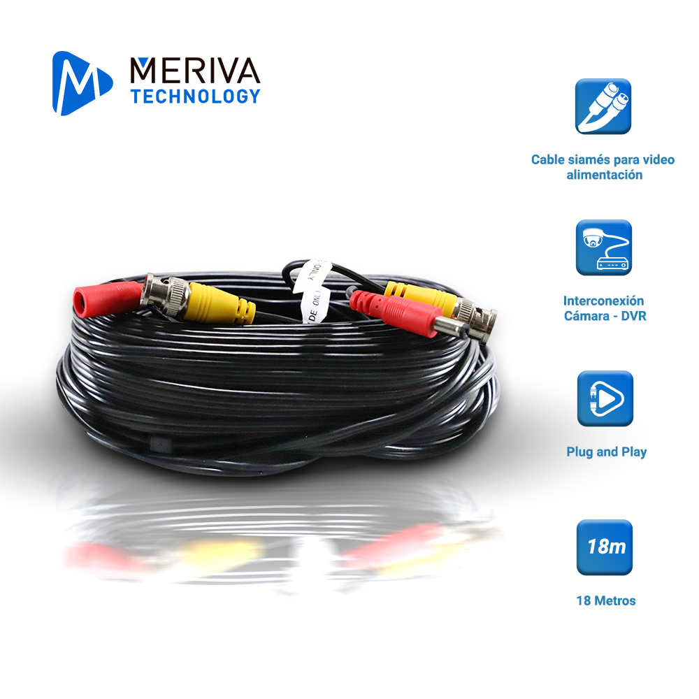 Cable de Video HD Armado Meriva MVA-HDCB18 18MTS Negro con Conectores de Video BNC y Corriente Optimizado para