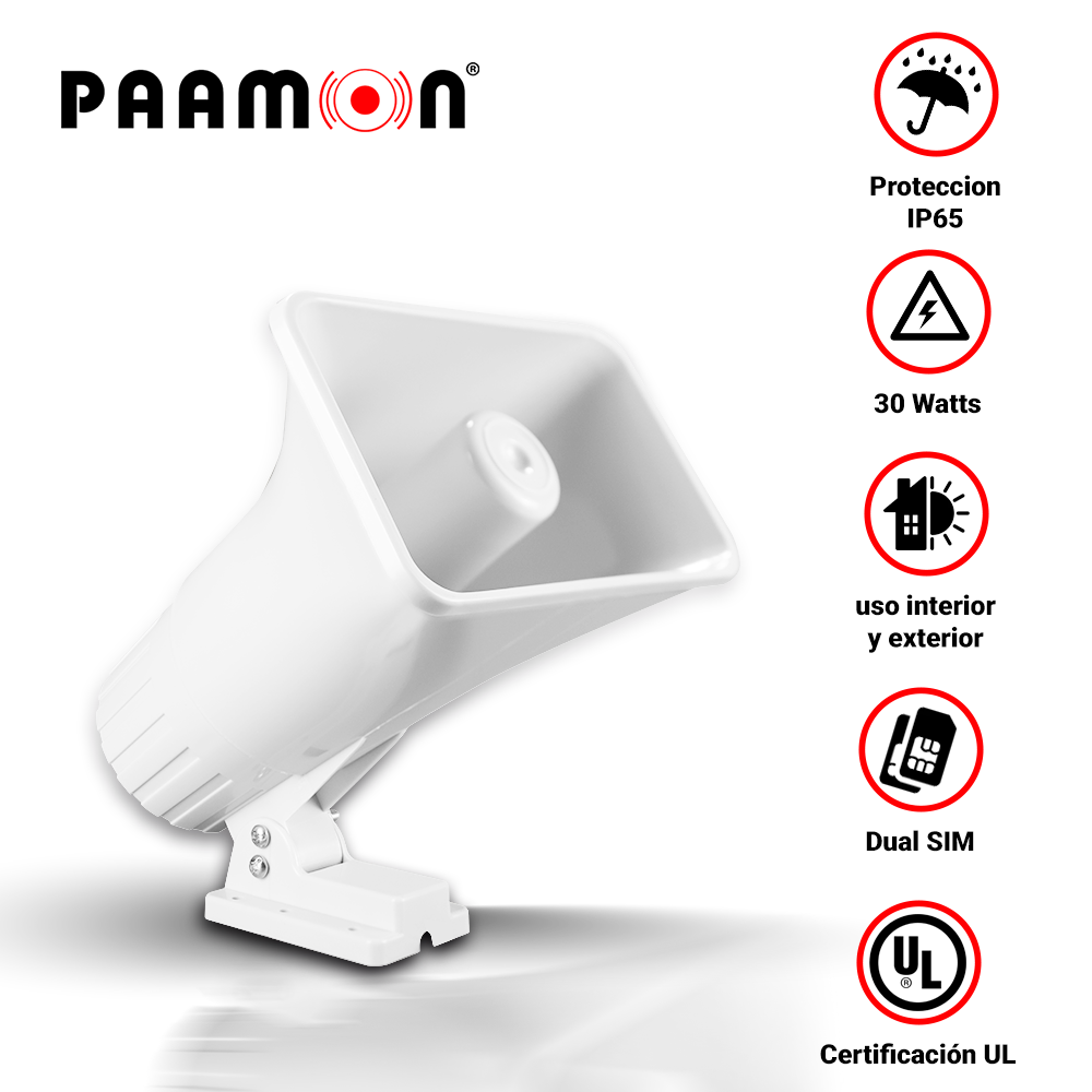 Sirena 30WATTS Paamon PAM-SRE30W Doble Tono/ Alambrica / Color Blanco/ Protección IP65 / USO en Interior y Exterior