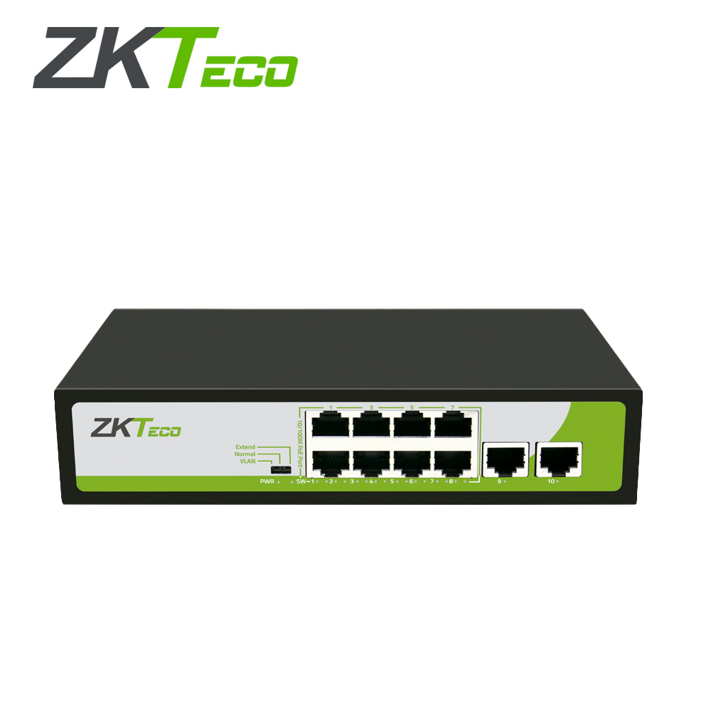 Switch Zkteco PE082-120-C 8 Puertos RJ45 10/100 Mbps con PoE Af/At + 2 Puerto RJ45 100 Mbps NO Administrable Energía