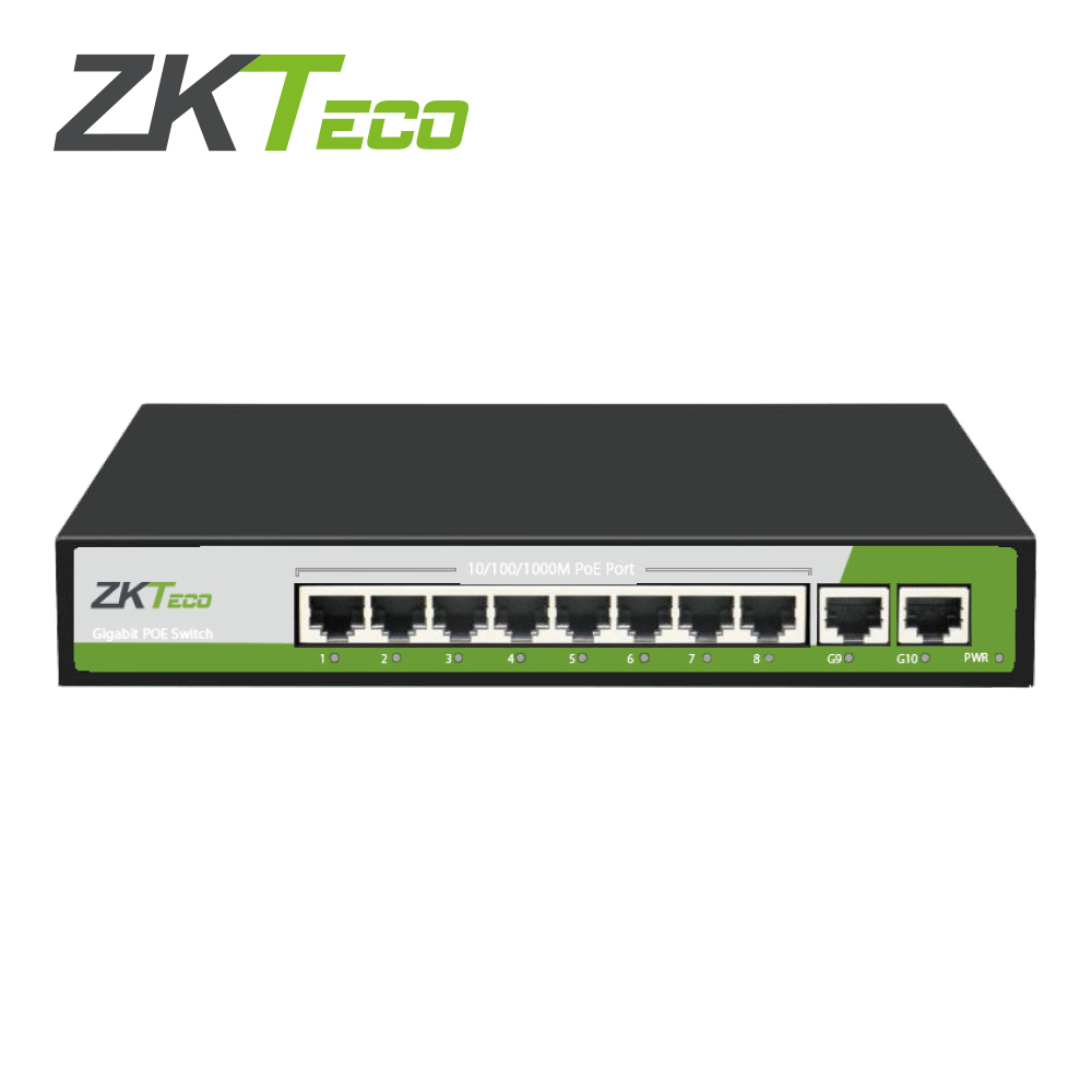 Switch Zkteco PE082-120-G 8 Puertos RJ45 10/100/1000 Mbps PoE Af/At + 2 Puertos RJ45 Gigabit NO Administrable