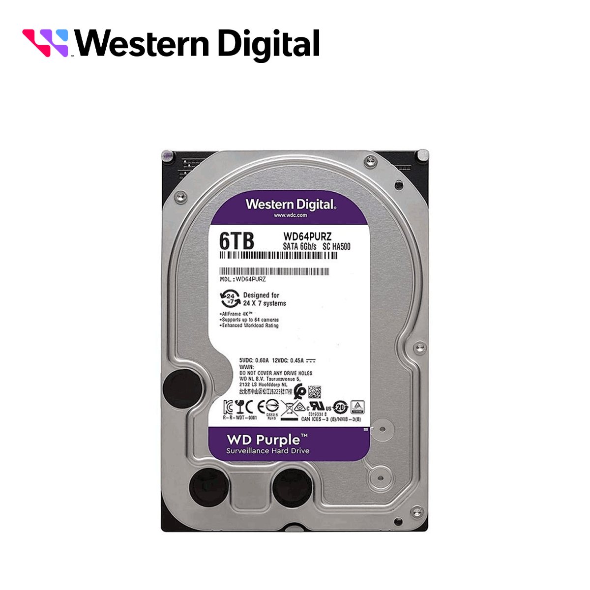 Disco Duro DD 6TB Sata WD Purple WD64PURZ 24/7 Optimizado para Videovigilancia Sata III 6GB/S 5400 RPM Compatible con