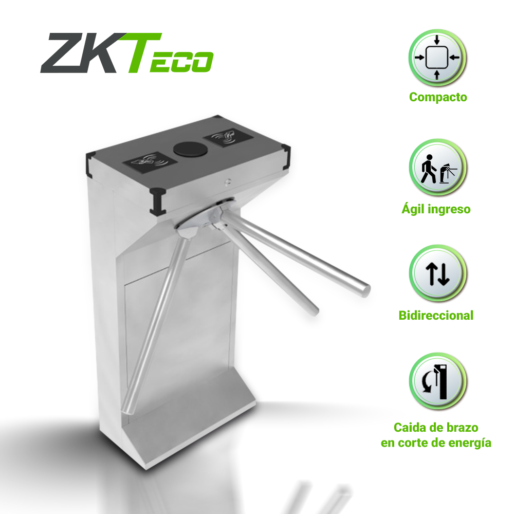 Torniquete Tripoide de Medio Cuerpo Zkteco TS1000D Bidireccional Bajo Consumo Acero Inoxidable Sistema Hasta 30 Accesos