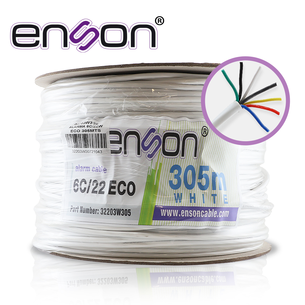 Cable de Alarma Enson 32203W305 Serie ECO Multifilar 6C/22 AWG Bobina de 305 Metros Forro PVC Color Blanco para USO
