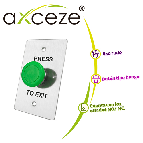 Botón Liberador Axceze AX-B130 Tipo Push con Forma de Hongo en Color Verde Fabricado en Acero Medidas 115 X 70 X 45MM