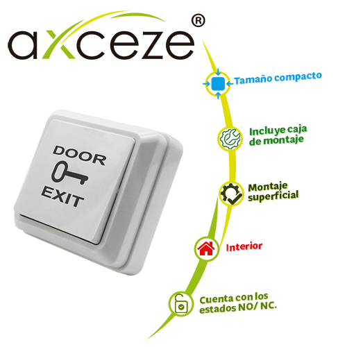 Botón Liberador Axceze AX-B30 Tipo Push Fabricado en Plástico Incluye Base Medidas 69 X 69MM Conexión a 2 Hilos Cuenta