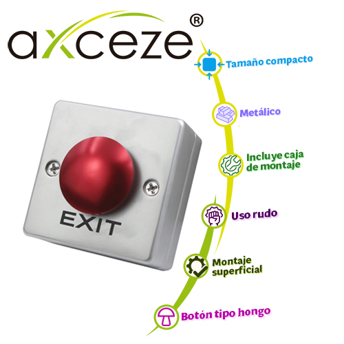 Botón Liberador Axceze AX-B55 Botón Tipo Push con Forma de Hongo en Color Rojo Incluye Base Metálica Fabricado en
