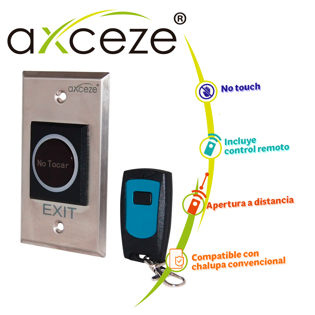 Botón sin Contacto NO Touch Axceze AX-TOUCH4RM Incluye UN Control Remoto de 433MHZ para Apertura a Distancia