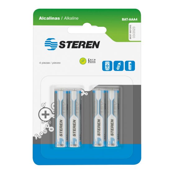 Paquete de 4 Baterías Alcalinas AAA de 1,5 Volts Steren BAT-AAA4