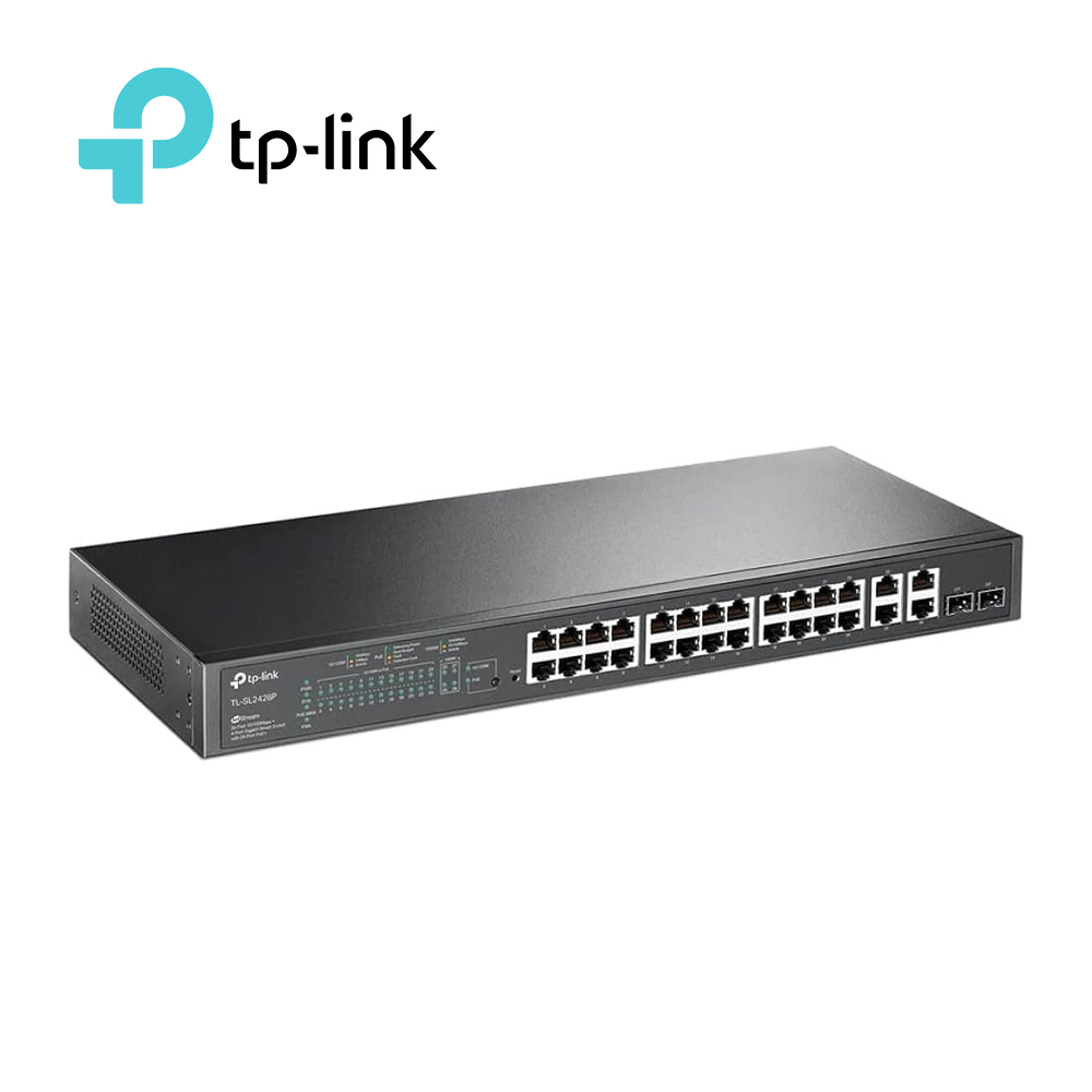 Switch Administrable TP-LINK SL2428P / 24 Puertos RJ45 PoE Af/At 10/100 Mbps + 2 Puertos Giga RJ45 + 2 Puertos Giga