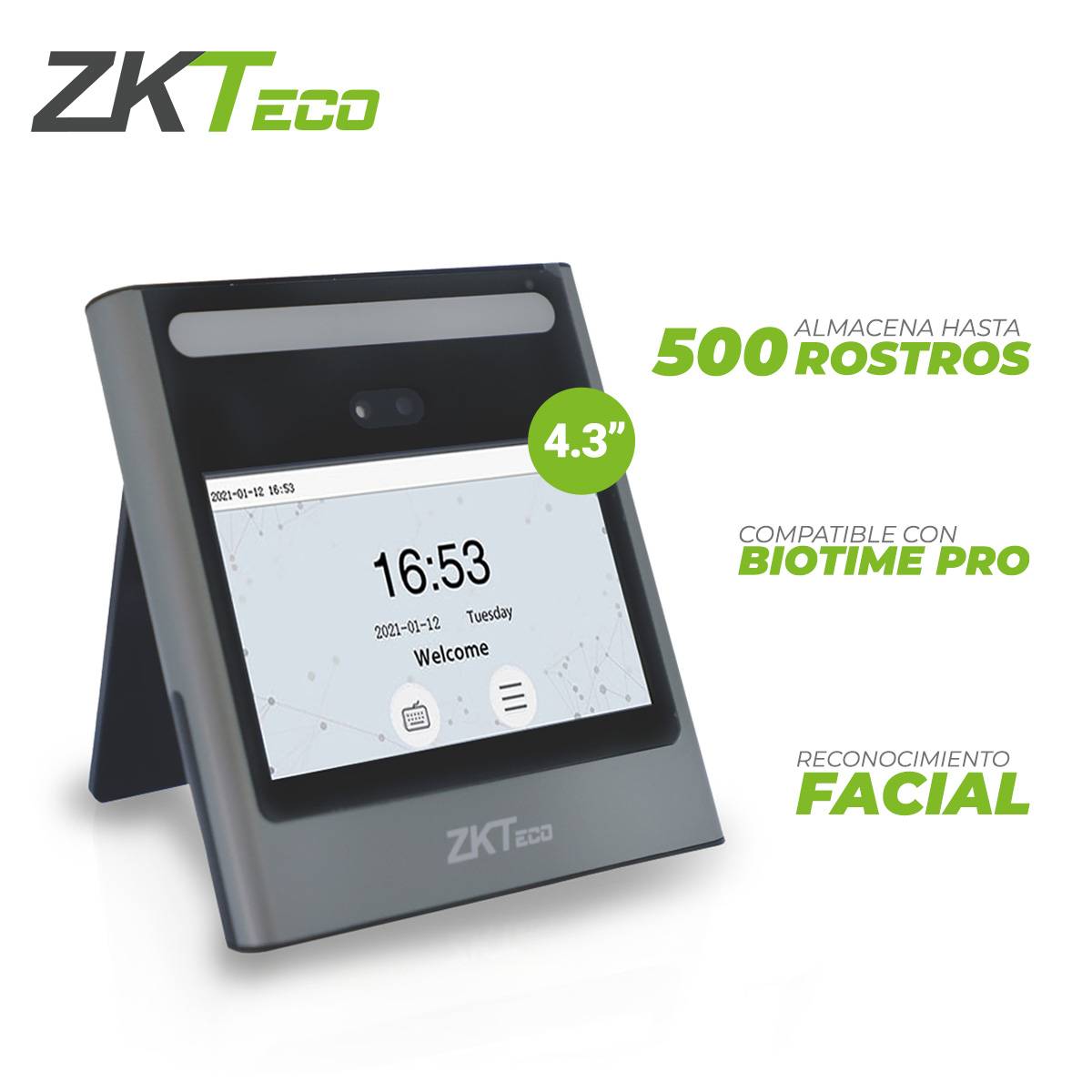 Terminal de Acceso y Asistencia con Reconocimiento Facial y Contraseña EFACE10 Zkteco Pantalla de 4.3 Pulgadas 500