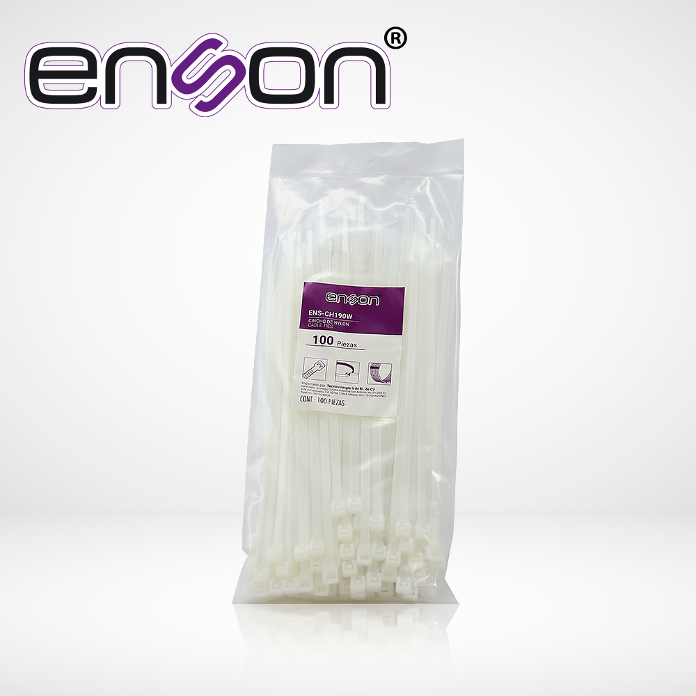 Cincho de Nylon Enson ENS-CH190W Color Natural de 4.8 X 190MM de Longitud Fuerza de Tension de Hasta 22 KGS