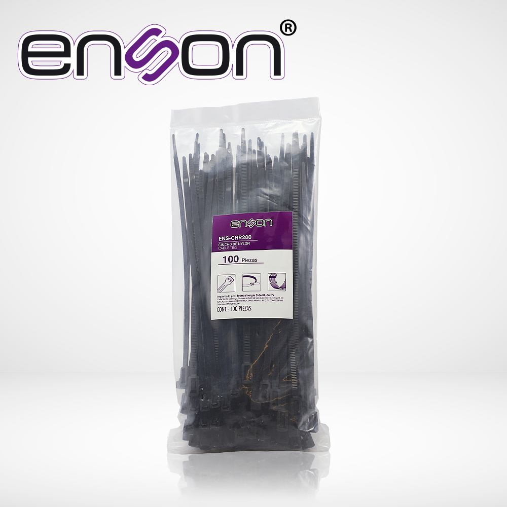 Cincho de Nylon Reutilizable Enson ENS-CHR200 4.8 X 200MM de Longitud Fuerza de Tension de Hasta 18 KGS