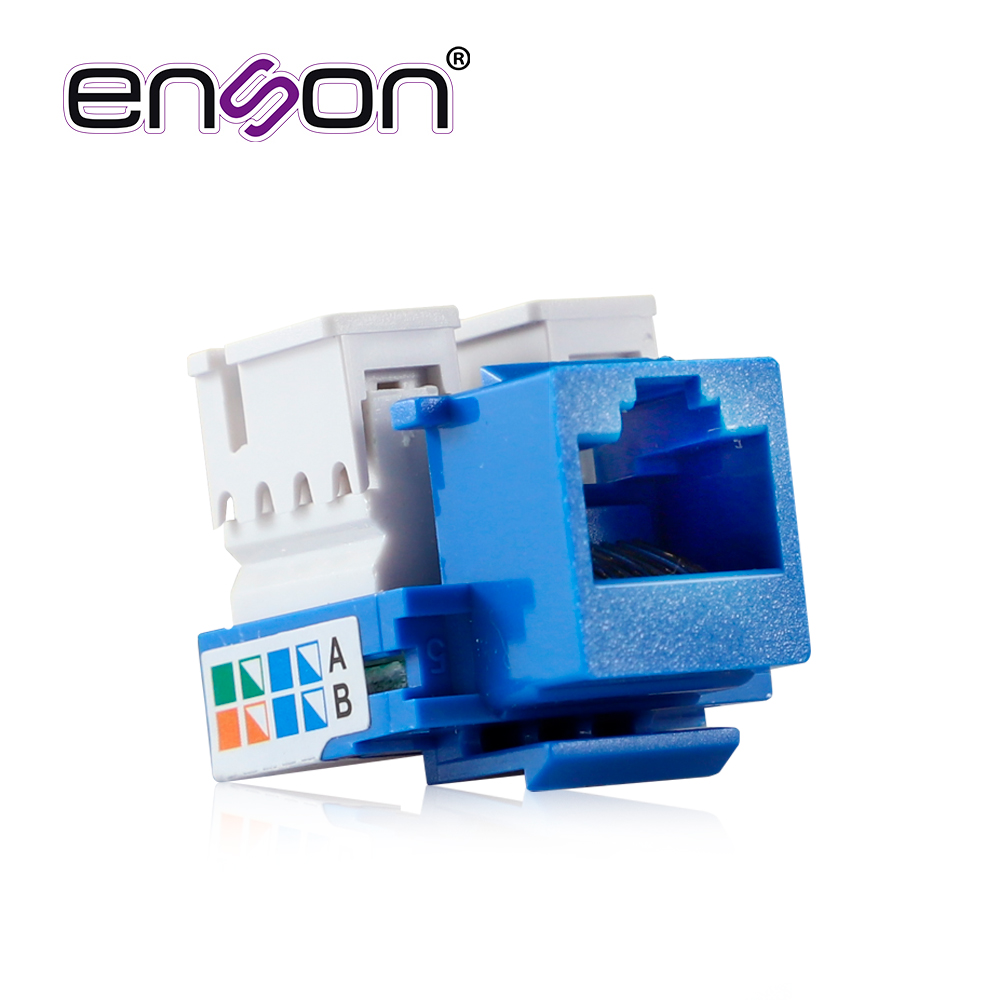 Conector Jack Enson ENS-JC5BL CAT5E Color Azul a 90 Grados Ponchado con Pinzas y Cubrepolvo