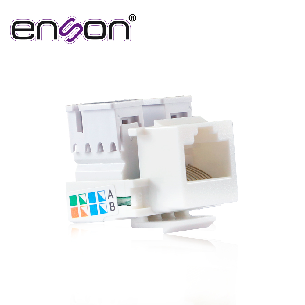 Conector Jack Enson ENS-JC5WH CAT5E Color Blanco a 90 Grados Ponchado con Pinzas y Cubrepolvo.