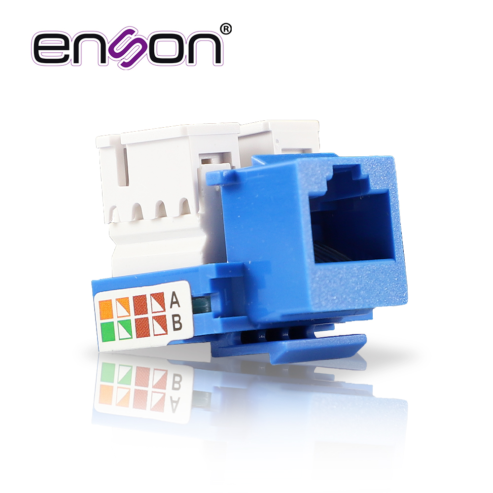 Conector Jack Enson ENS-JC6BL CAT6 Color Azul a 90 Grados Ponchado con Pinzas y Cubrepolvo.