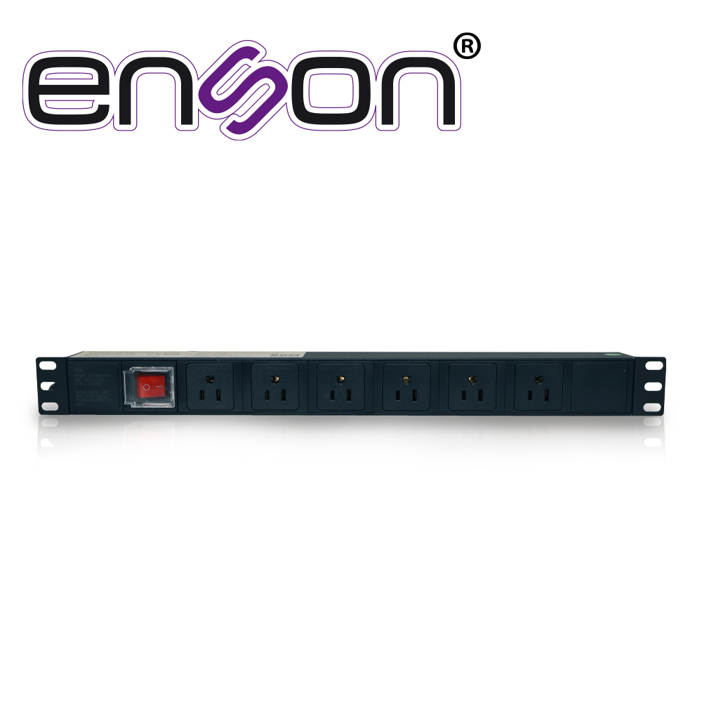 Barra Multicontactos PDU Enson ENS-PDU6 Horizontal 1UR Botón de Encendido y Apagado 6 Contactos Frontales Tipo Nema