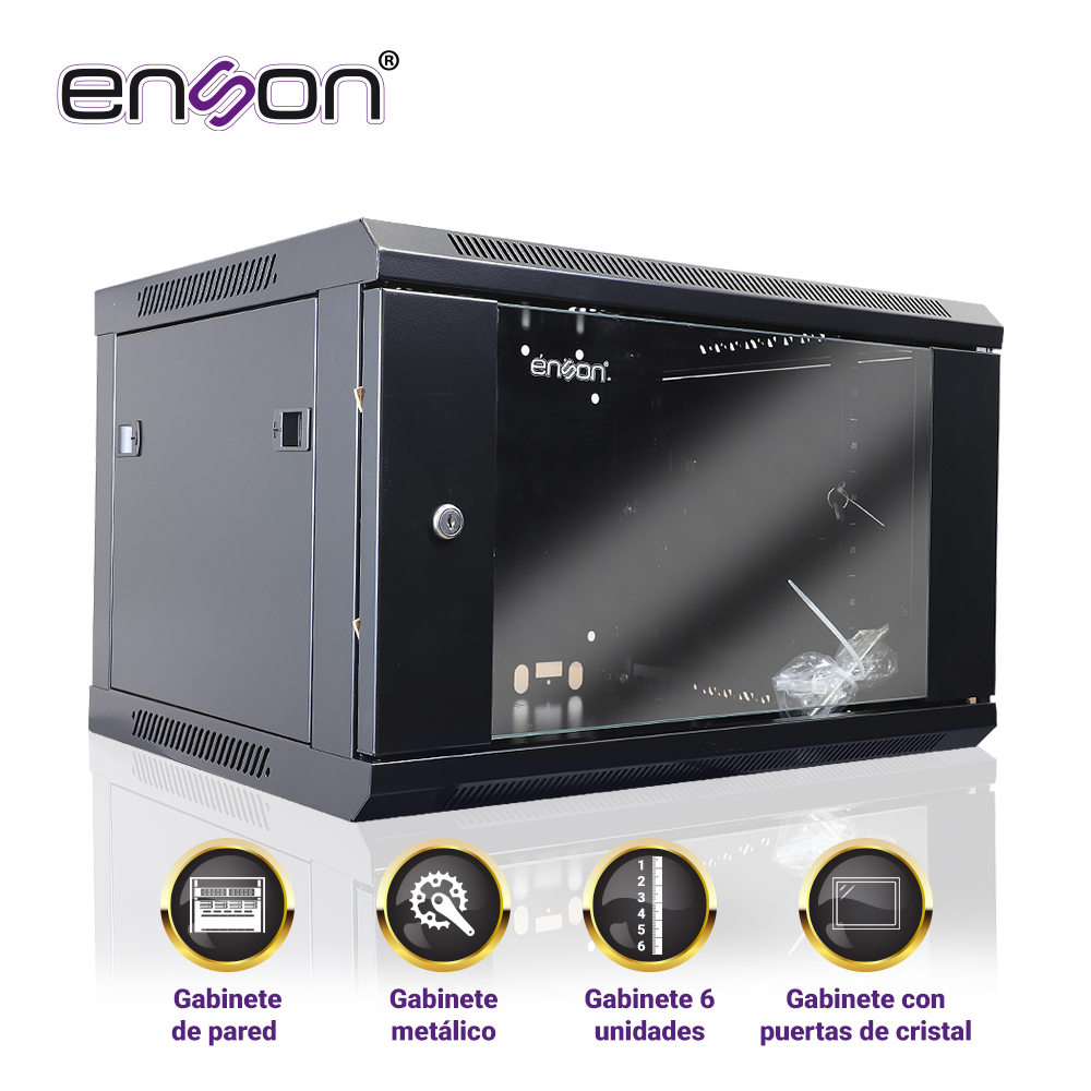 Gabinete de Pared Enson ENS-RKGB6U 6UR Puerta Frontal de Cristal Templado con Cerradura de Seguridad Ranuras de