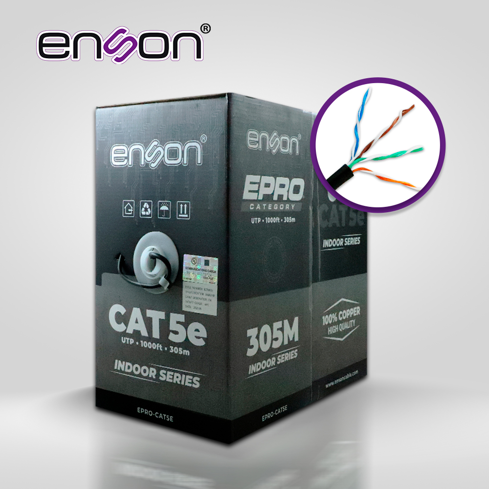 Cable UTP CAT5E Enson EPRO-CAT5E Forro Color Negro PVC CM 4 Pares Calibre 24 AWG 100 Ciento Cobre USO Interior Bobina