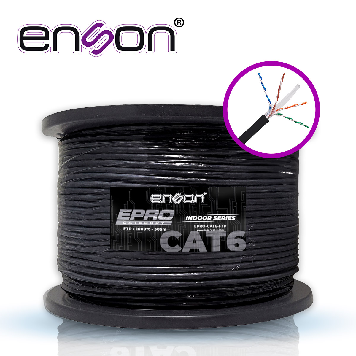 Cable FTP CAT6 Enson EPRO-CAT6-FTP Forro PVC Blindado 4 Pares Calibre 23 AWG 100% Cobre USO Interior Bobina 1000 Pies