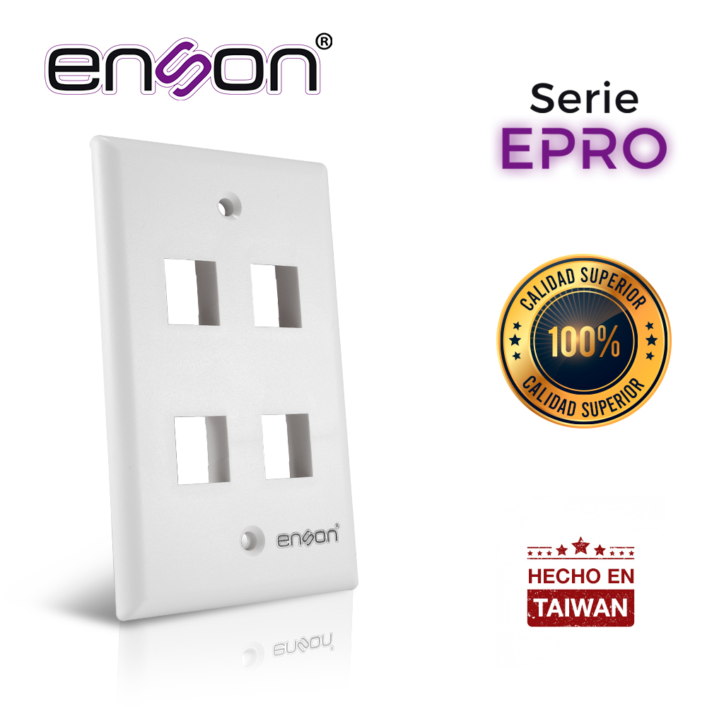 Placa de Pared (Faceplate) Enson EPRO-FP40 Compatible con Jack Keystone 4 Puertos Color Blanco, USO en Interior, Ideal