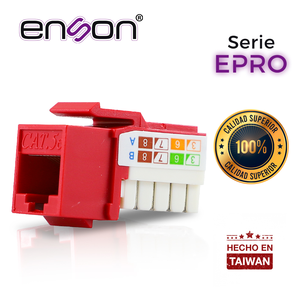 Conector Modular Jack RJ45 Enson EPRO-JACK5E-RD Serie PRO, Posicion Vertical CAT5E Color Rojo Compatible con Placas