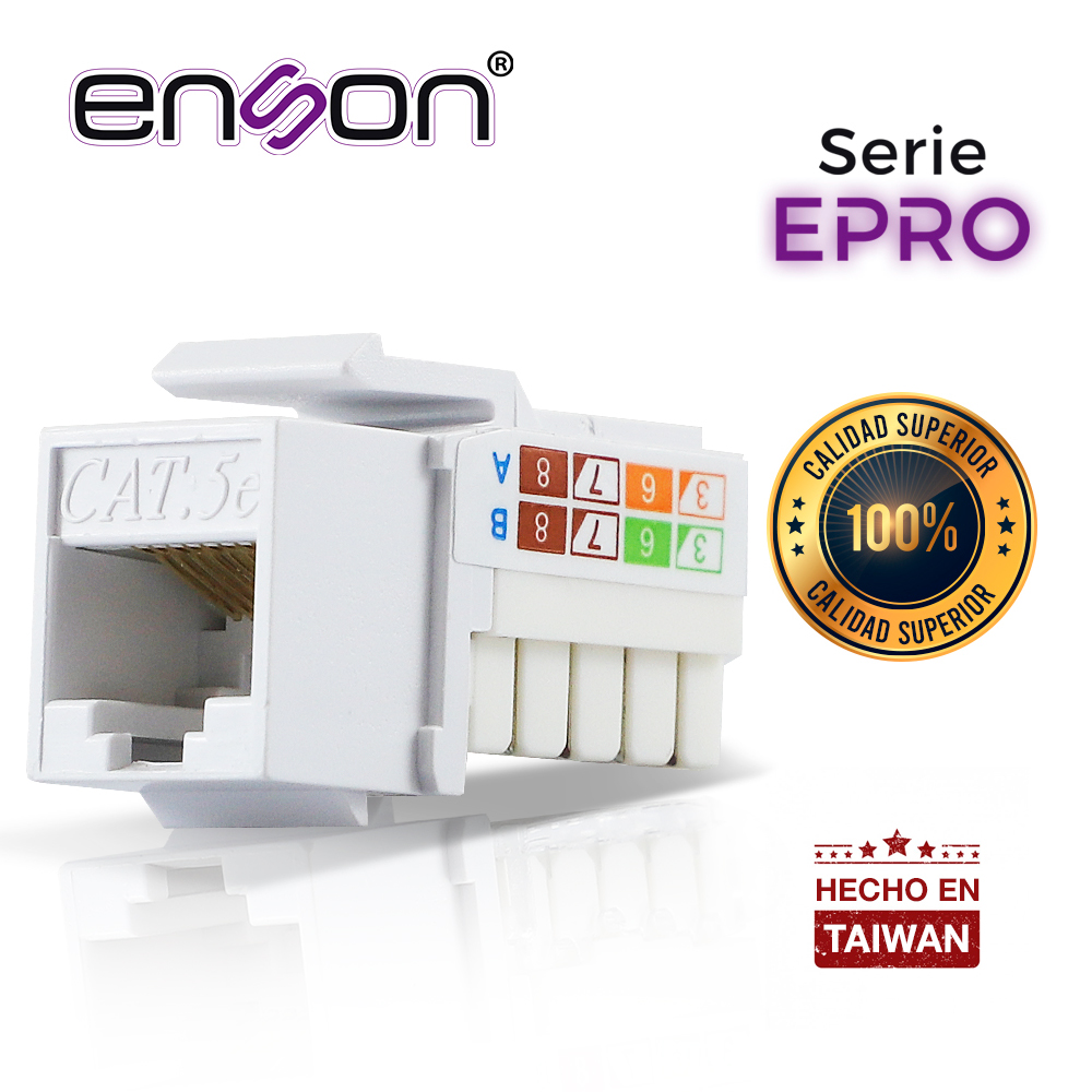 Conector Modular Jack RJ45 Enson EPRO-JACK5E-WH Serie PRO, Posicion Vertical CAT5E Color Blanco Compatible con Placas