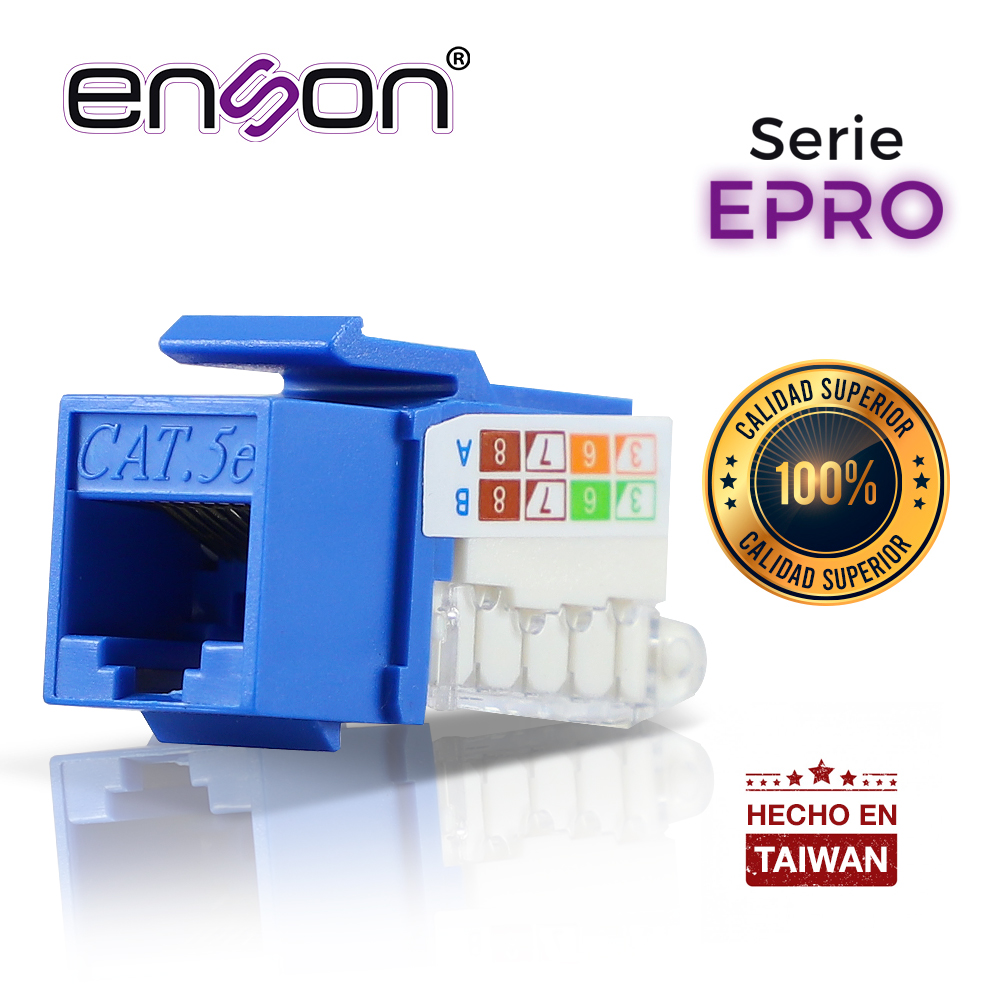 Conector Modular Jack RJ45 Enson EPRO-TLJACK5E-BL Serie PRO Terminado sin Pinzas, Posicion Vertical CAT5E Color Azul