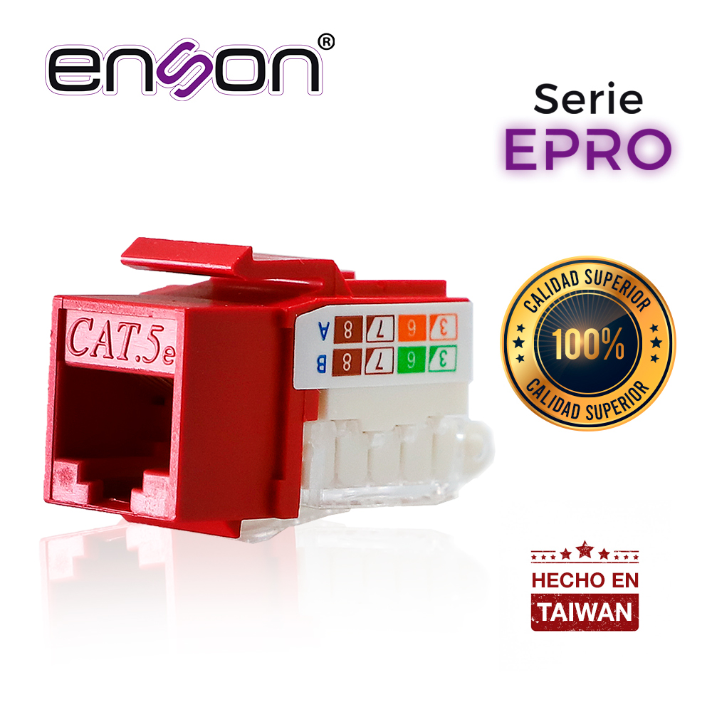 Conector Modular Jack RJ45 Enson EPRO-TLJACK5E-RD Serie PRO Terminado sin Pinzas, Posicion Vertical CAT5E Color Rojo