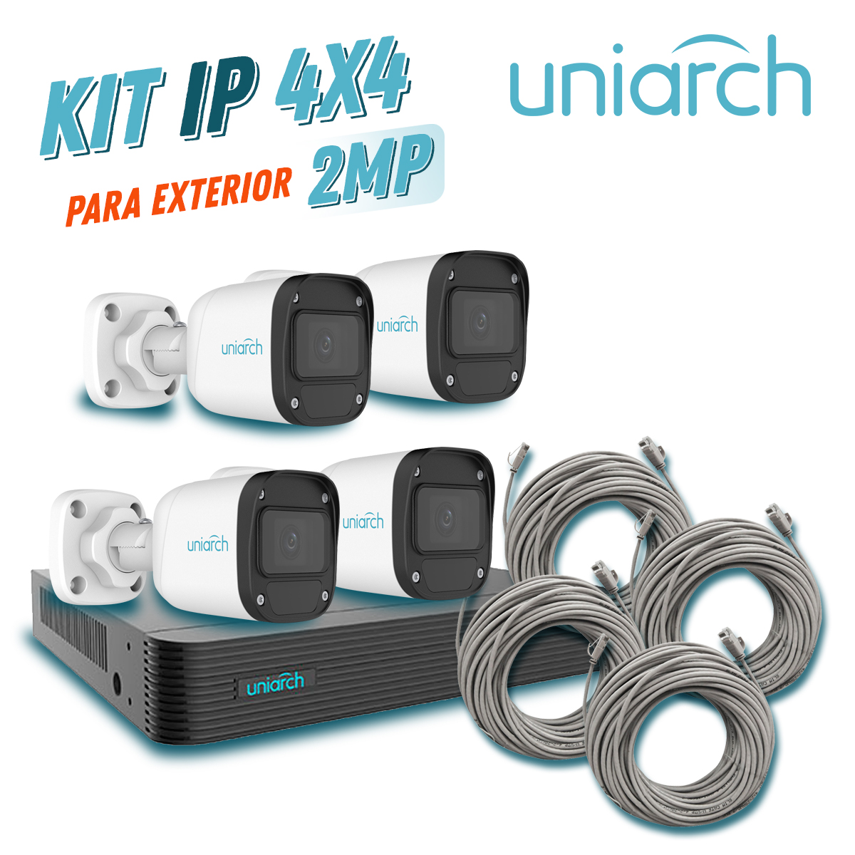 KIT 4X4 Uniarch IP Exterior Bullet 2MP 1080p Incluye 1 NVR PoE 4PTOS + 4 CAM Bullet IP 2MP 2.8MM Slot Microsd + 4