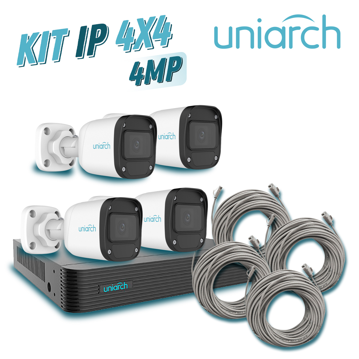 KIT 4X4 Uniarch IP Exterior Bullet 4MP Incluye 1 NVR PoE 4PTOS + 4 CAM Bullet IP 4MP 2.8MM Slot Microsd + 4 Cables