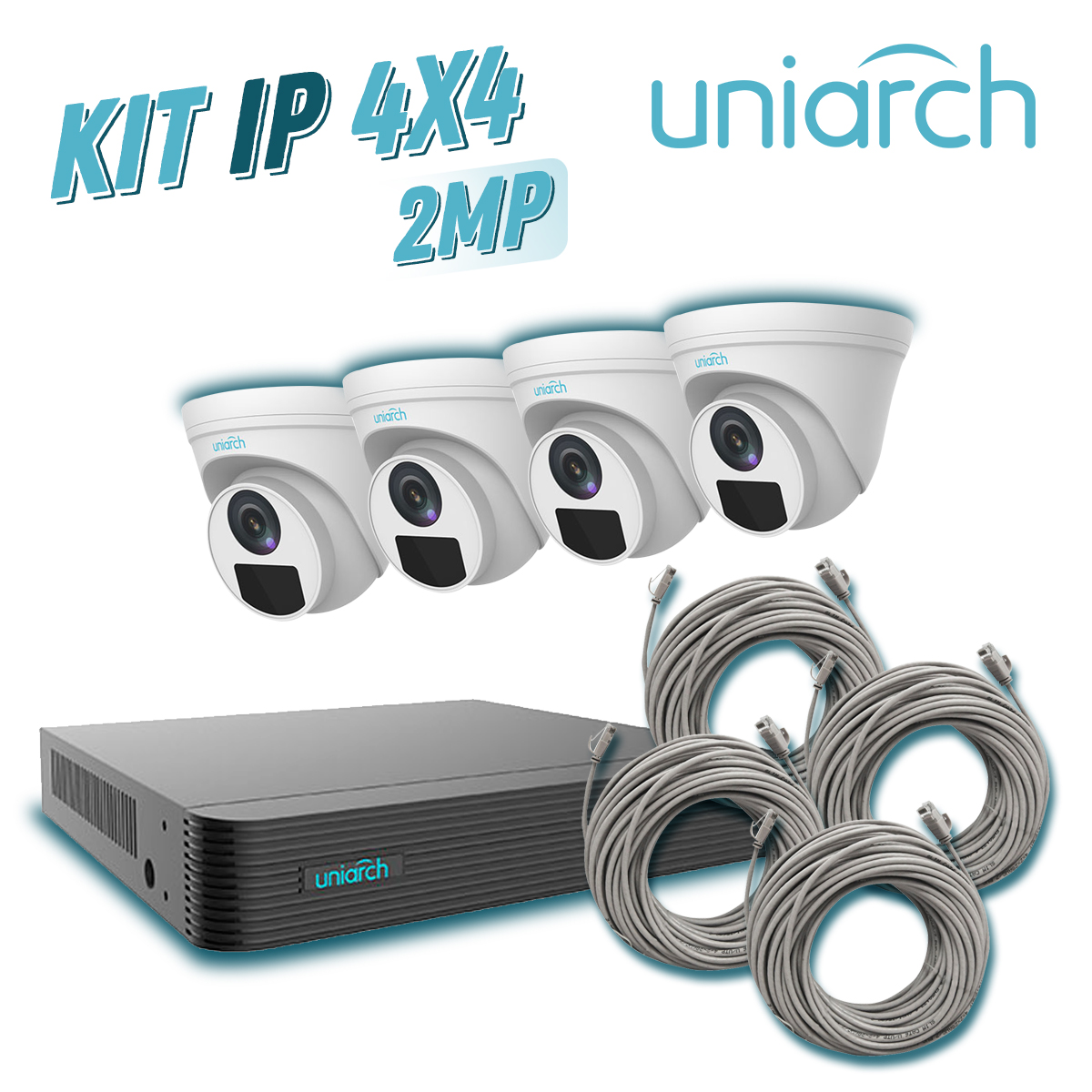 KIT 4X4 Uniarch IP Exterior Turret 2MP 1080p Incluye 1 NVR PoE 4 Ptos + 4 CAM Turret IP 2 MP 2.8 MM Slot Micro SD + 4