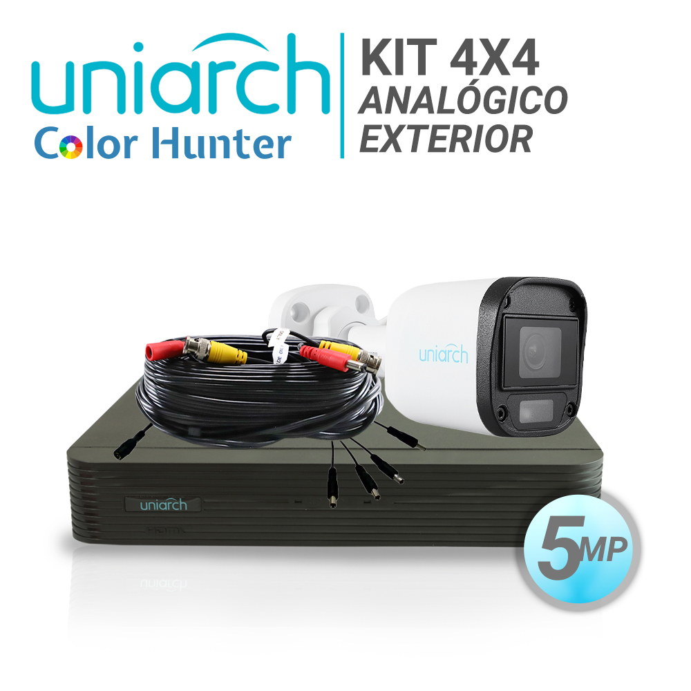 KIT 4X4 Analógico Uniarch Exterior Bullet Color Hunter 5MP IP67 Tvi/Ahd/Cvi/Cvbs Incluye 1 XVR 4 BNC+2 IP / + 4 CAM