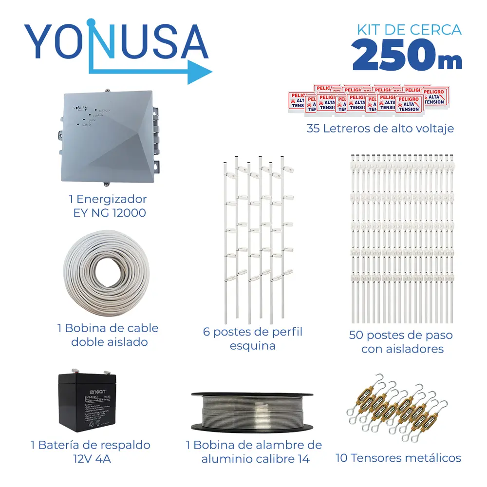 Kit de cerca electrificada con accesorios para 250METROS incluye: energizador, batería ENS-BT412, cable, alambre, postes, letreros y tensores