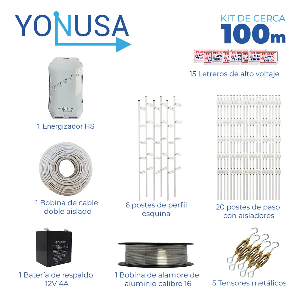 Kit de cerca electrificada con accesorios para 100METROS incluye: energizador, batería BR-1204, cable, alambre, postes, letreros y tensores