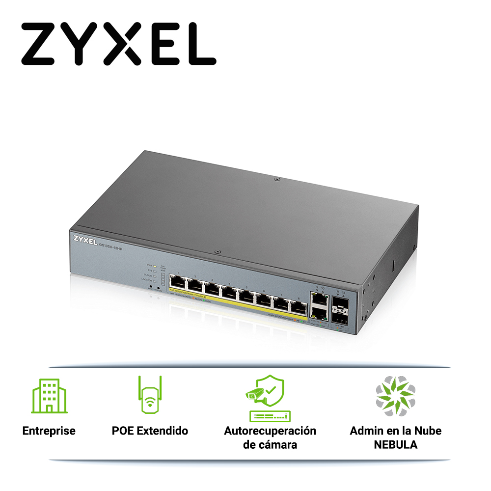Switch PoE Gigabit 8PTOS+2UPLINK Enterprise Nebula Zyxel GS1350-12HP 10 Puertos RJ45 10/100/1000MBPS PoE+ Af/At + 2
