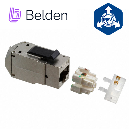 Conector Modular Jack RJ45 CAT5E Blindado STP Revconnect Belden RV5MJKSME-S1 Estilo Keyconnect Color Metal Compatible