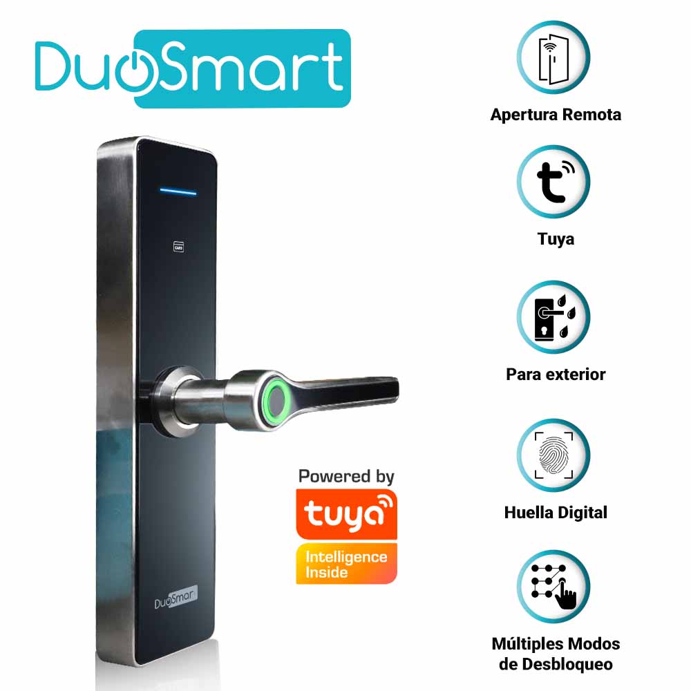 Cerradura Biometrica WiFi 2.4 GHz Duosmart F30 para Exteriores. Acepta Tarjetas MF, Huella Digital, Contraseña y Llave