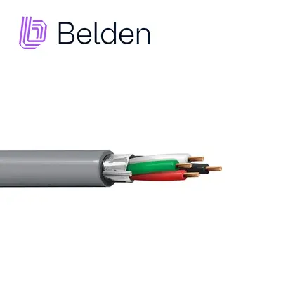 Cable para seguridad y sonido Belden 5202FE 0081000 forro PVC gris CMR riser 4 conductores calibre 16 AWG multifilar 100% cobre blindado USO interior especial para aplicaciones sistemas de seguridad, Intercomunicador/Pa, audio / altavoz, controles con limitacion de Energia,Entorno ruidoso bobina 1000 pies 305 metros