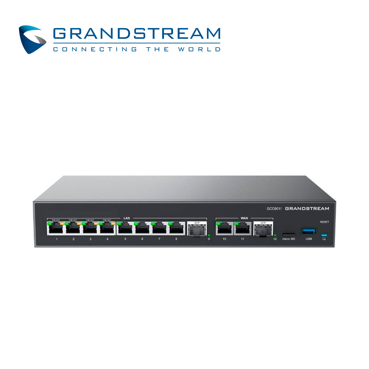Dispositivo 4 en 1 Grandstream GCC6011 Conmutador IP / Firewall / Ruteador VPN / Switch 10 Puertos Giga / 3 Puertos WAN