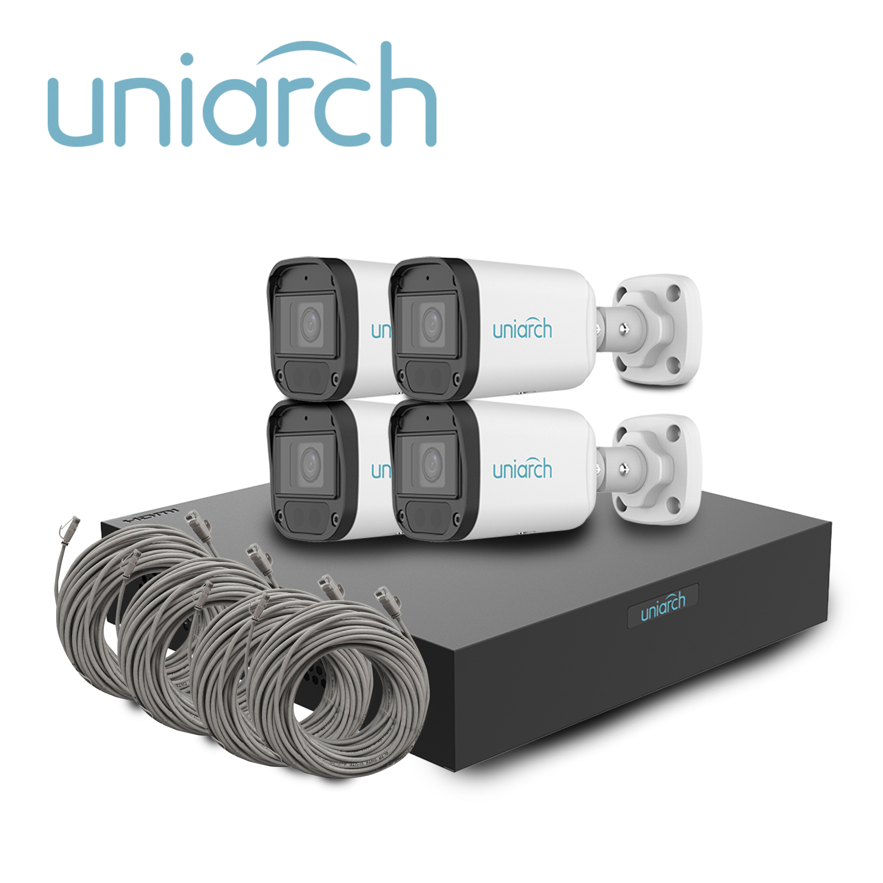 KIT Uniarch IP Bullet 2MP / 4 Cámaras Tipo Bullet IPC-B122-APF28K con Lente Fijo 2.8 MM / MIC-INTEGRADO / MICROSD-128GB