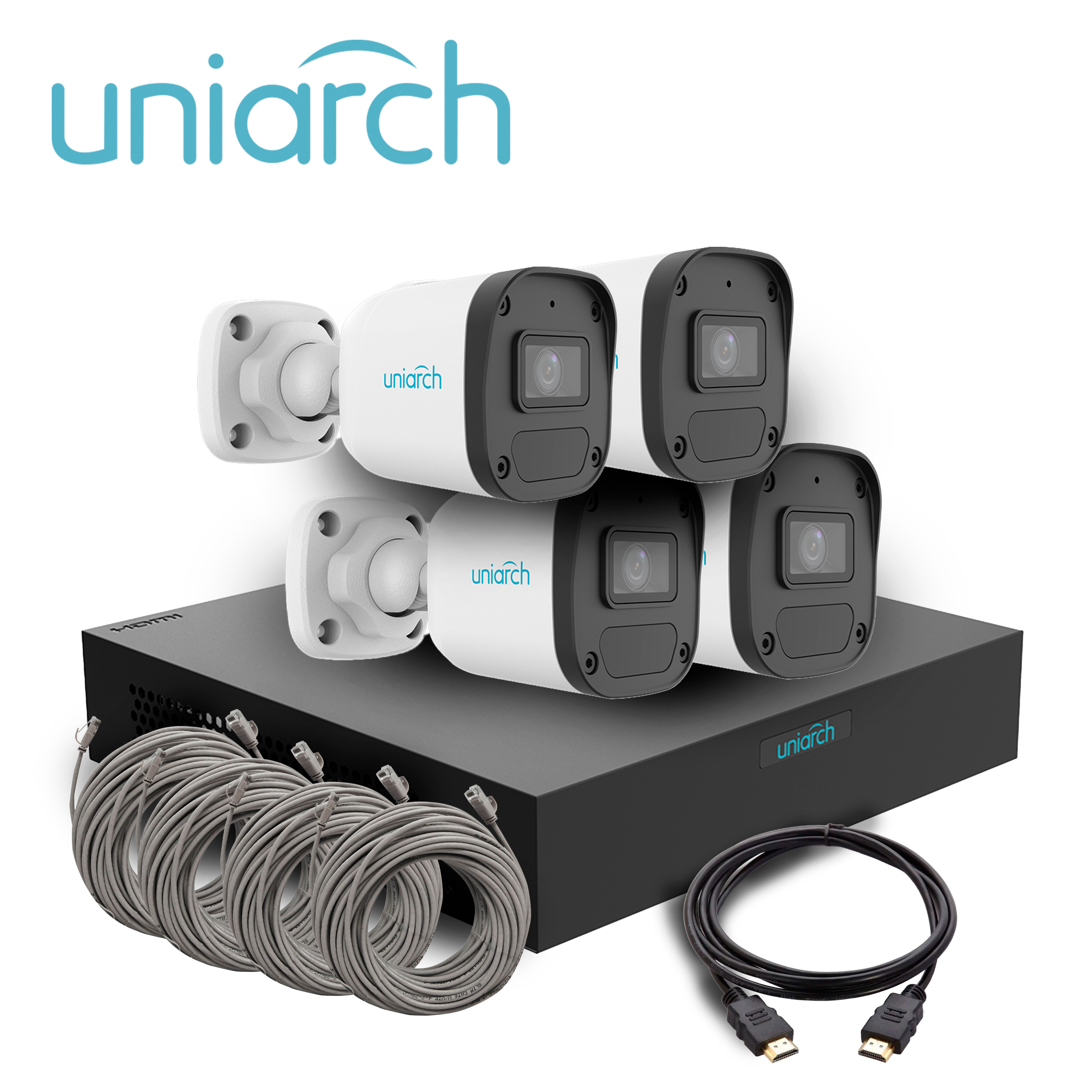 KIT Mini Fixed Bullet Uniarch IPKIT-104S-4BC / 4CAMARAS-MINI- BULLET-2MP / IPC-B132-AF28-E / ULTRA265 / FULL-HD / Lente