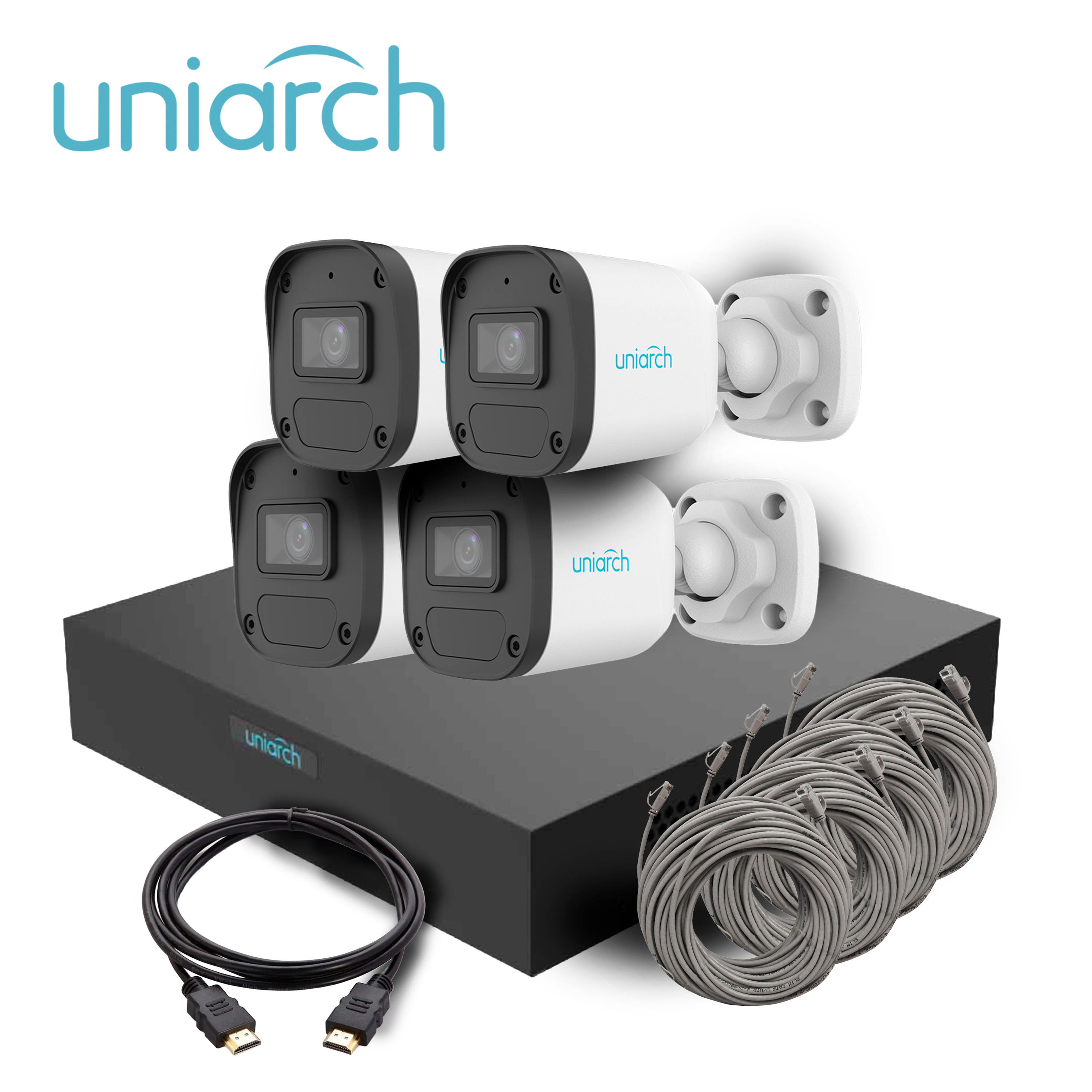 KIT Mini Fixed Bullet Uniarch IPKIT-108S-4BC / 4CAMARAS-MINI- BULLET-2MP / IPC-B132-AF28-E / ULTRA265 / FULL-HD / Lente