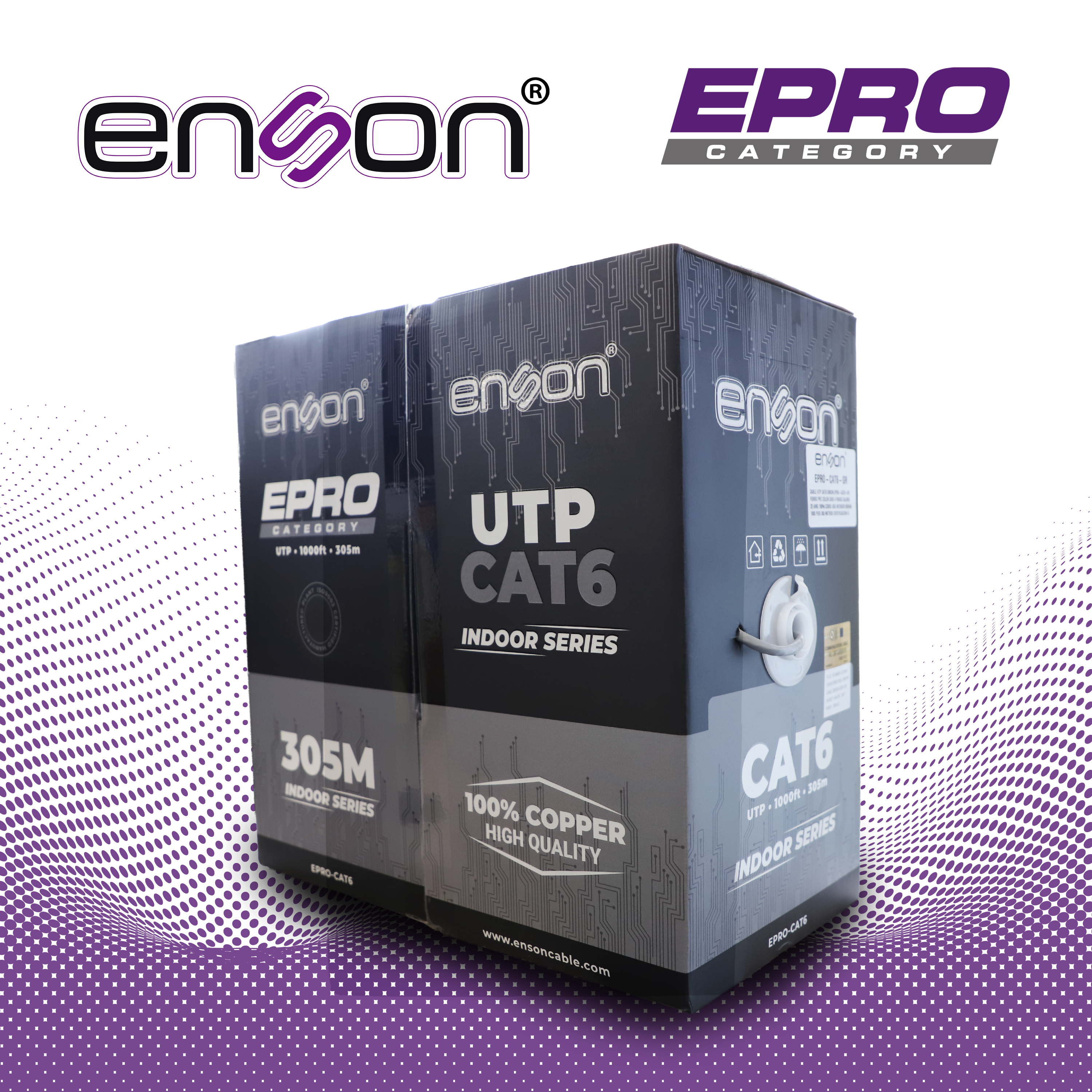 Cable UTP CAT6 Enson EPRO-CAT6-GR Forro PVC Color Gris 4 Pares Calibre 23 AWG 100% Cobre USO Interior Bobina 1000 Pies
