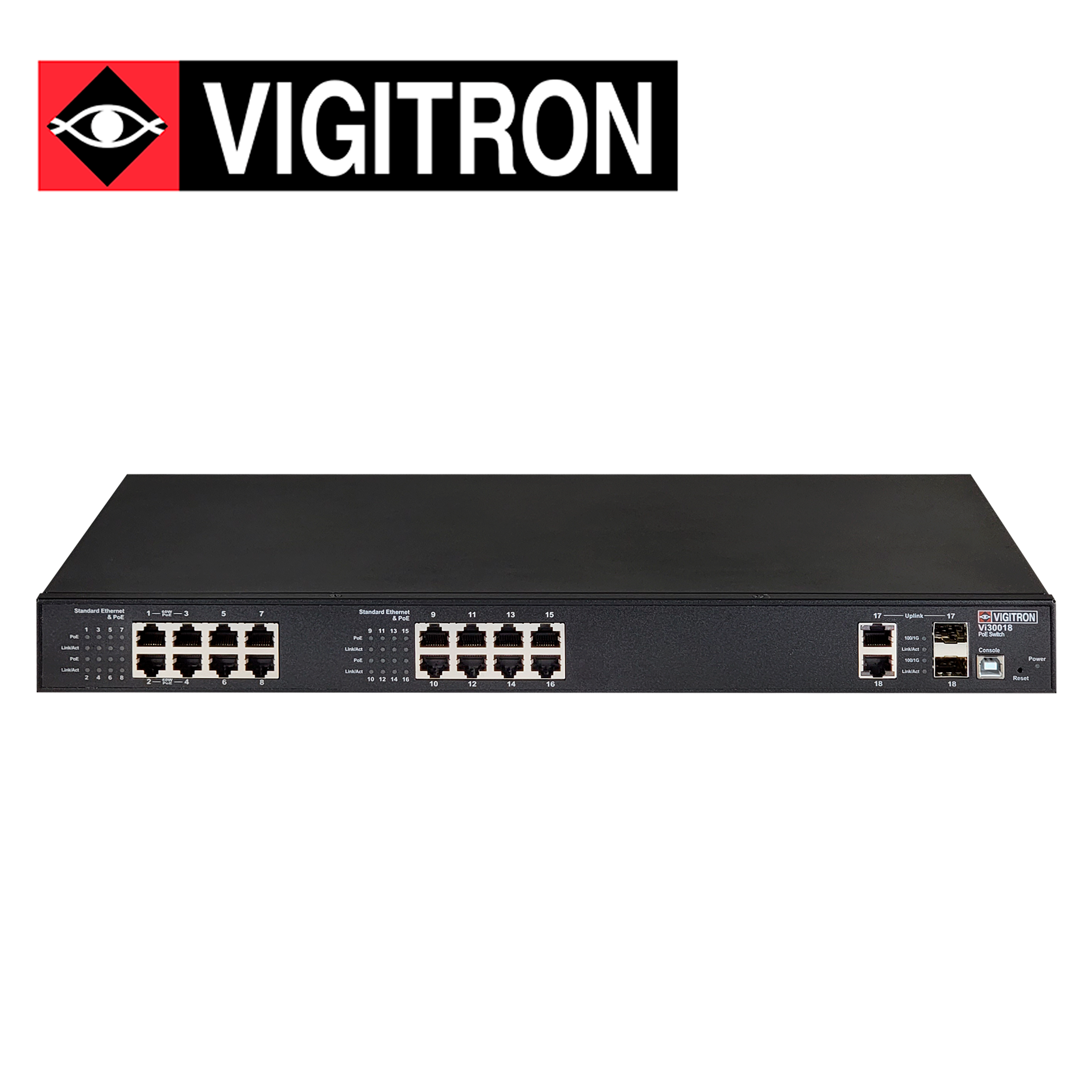 Switch PoE Administrable L3 Vigitron VI30018 / Alta Potencia / 16 Puertos RJ45 10M/100M Hasta 36W / 4 Puertos Upoe