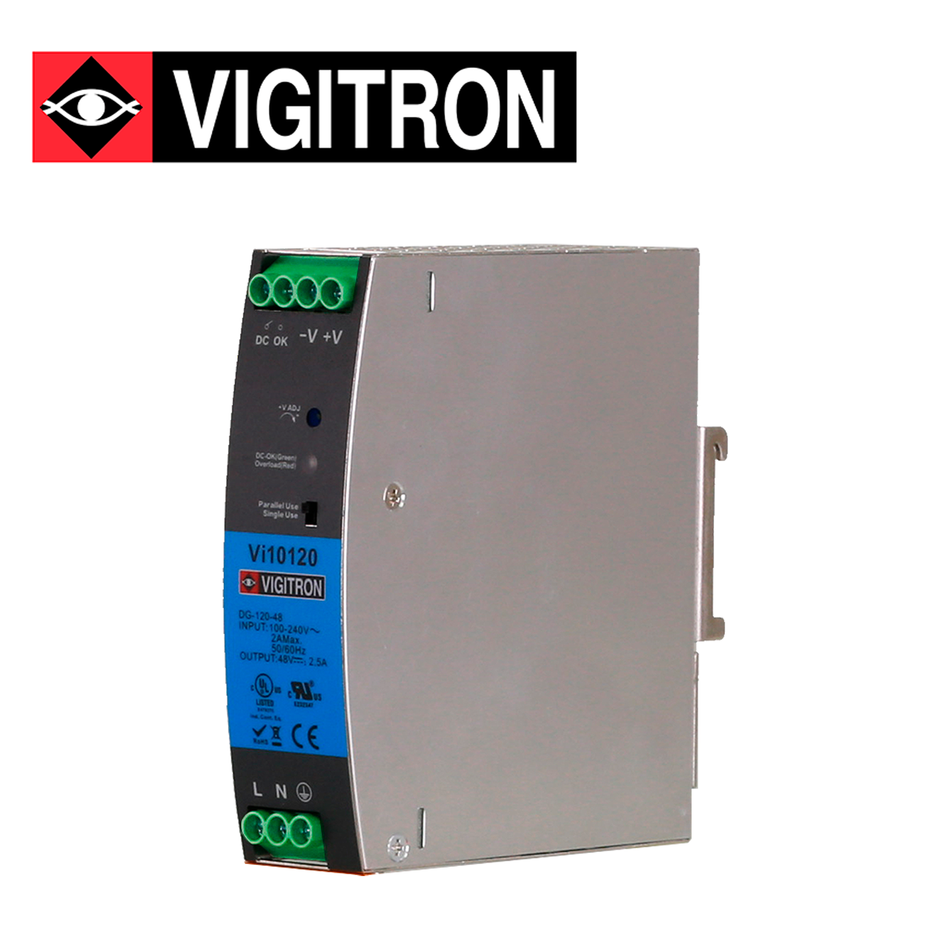 Fuente de Poder Reforzada Vigitron VI10120 / Riel DIN / 120W -150W / 48-56VCD / Soporta Redundancia 1+1/N+1