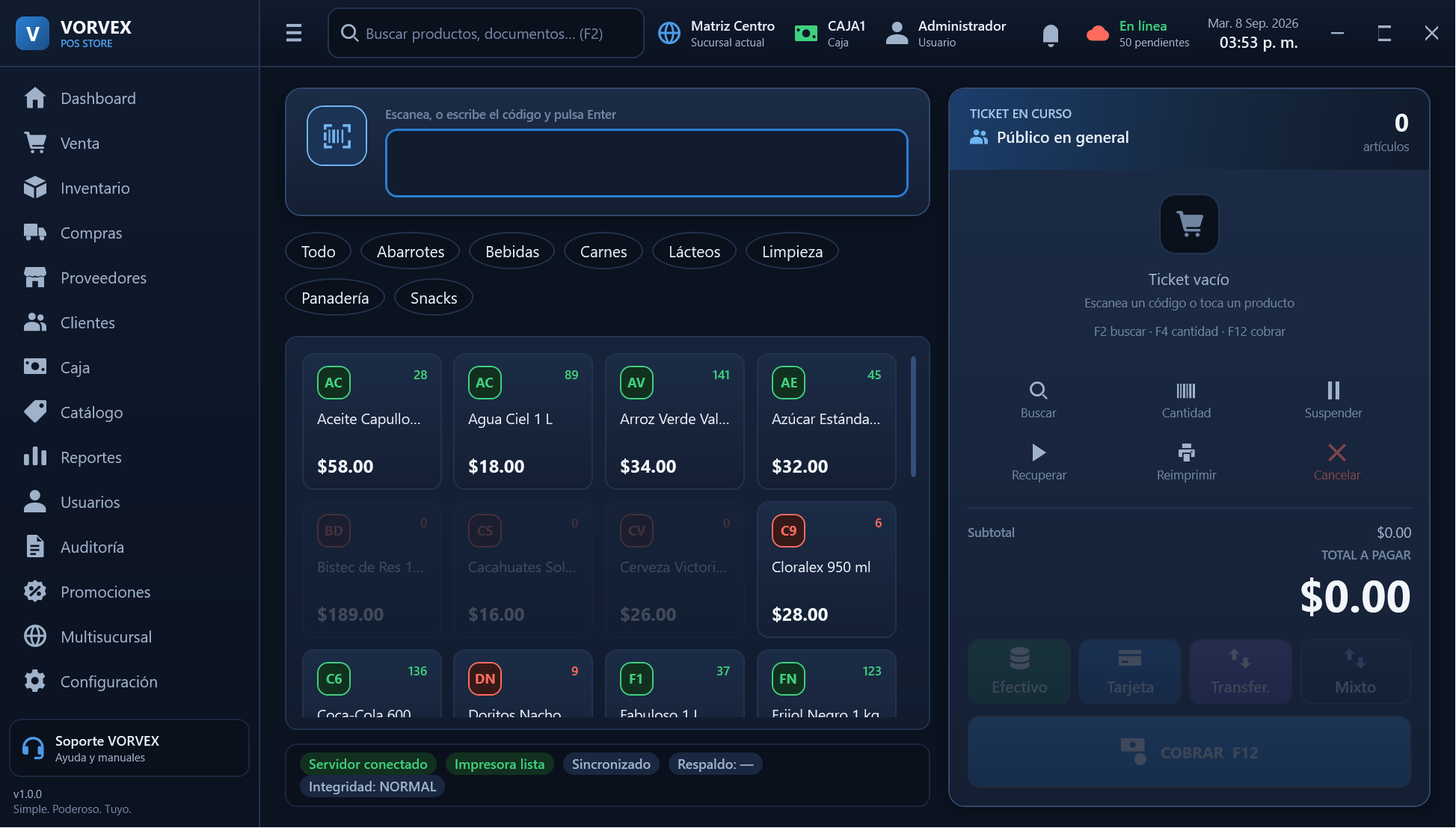 Pantalla de venta de VORVEX POS Store 1.0, con la cesta y los totales